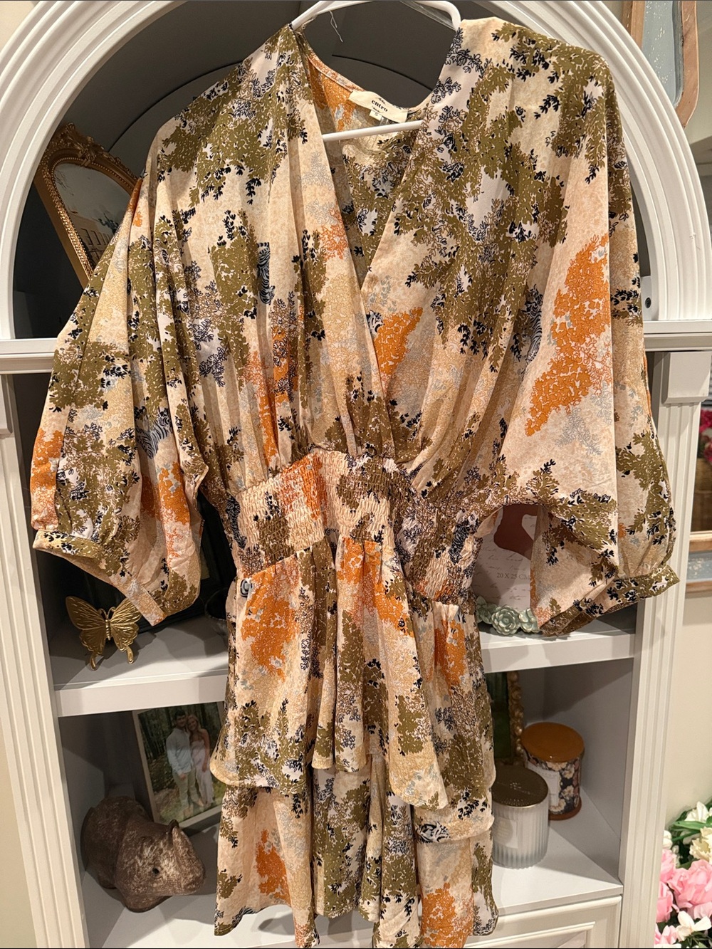 entro Floral Print Mini Dress in Cream, Olive & Orange